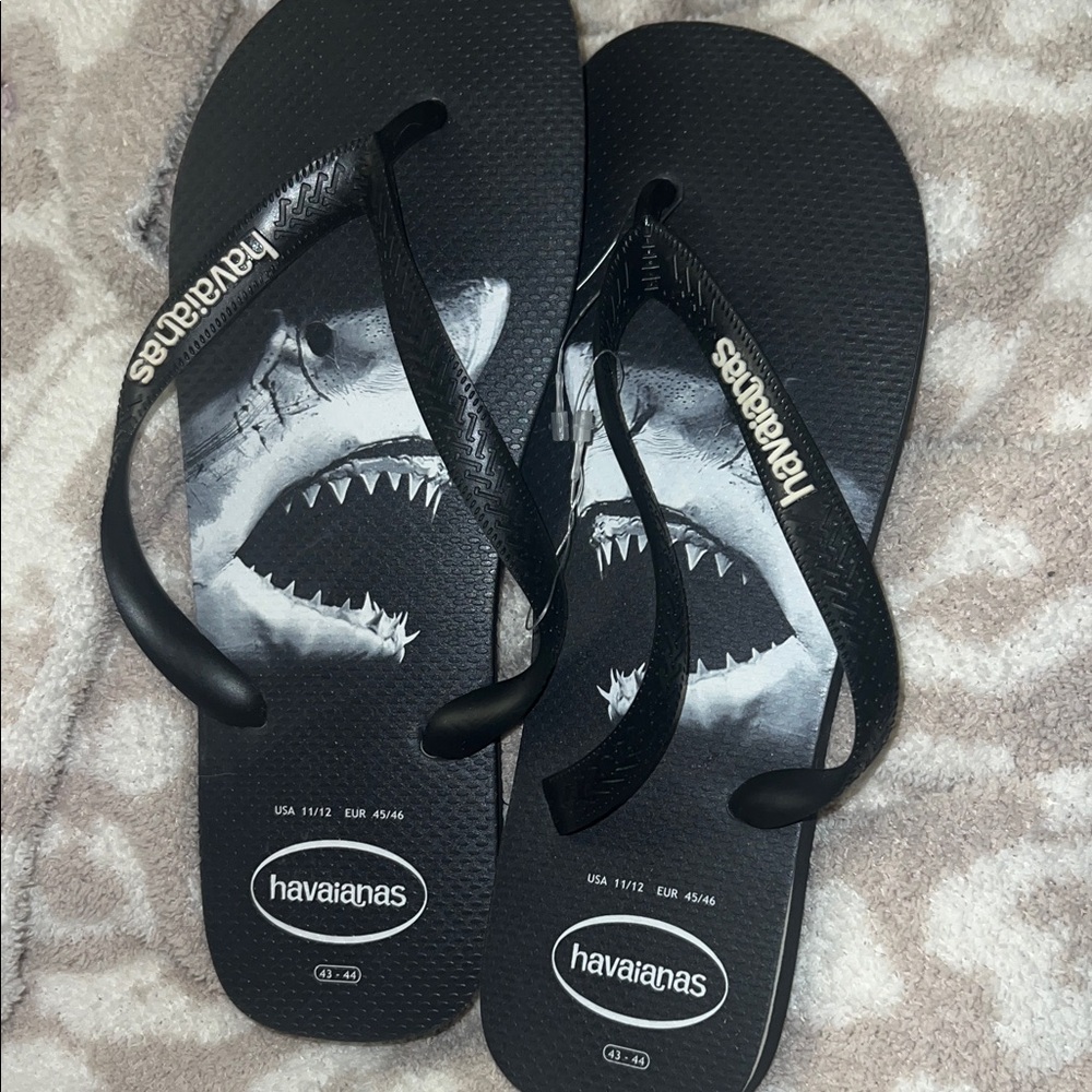 Havaianas Black Flip Flops with White Shark Graphic